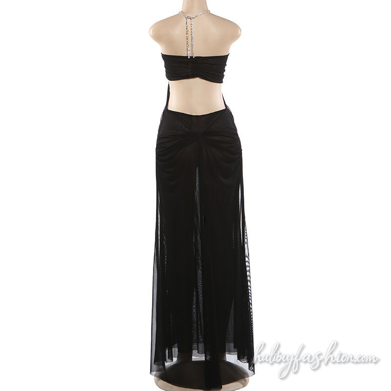 Halter hollow out mesh ruched solid maxi dress