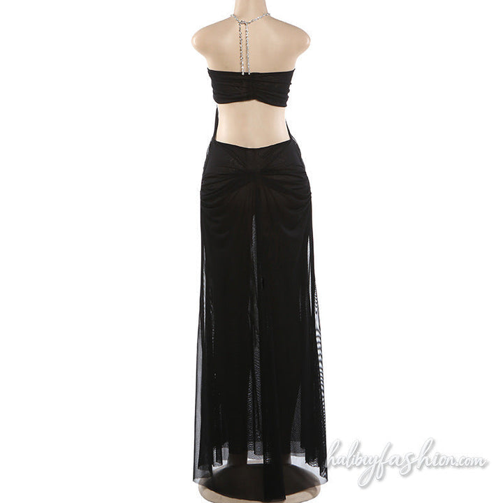 Halter hollow out mesh ruched solid maxi dress