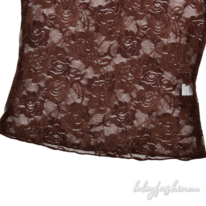 Crewneck short sleeve fluffy lace see through top - Halibuy - 7