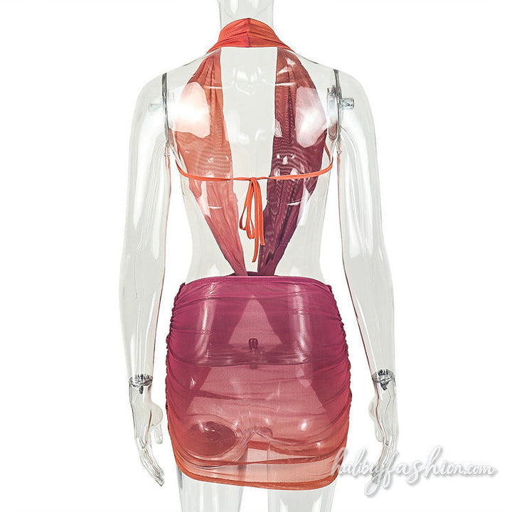 Halter self tie gradient deep v neck ruched mini dress - Halibuy - 5