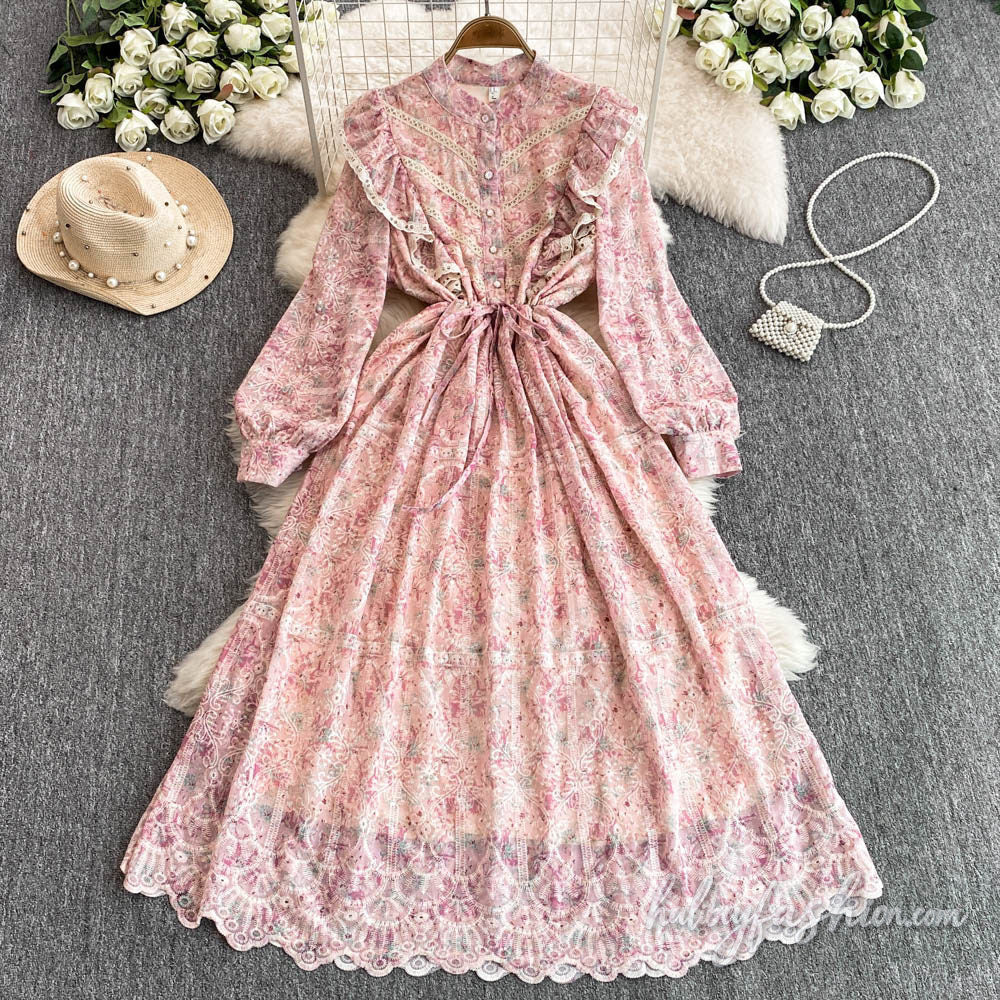 Long sleeve embroidery lace hem ruffle maxi dress