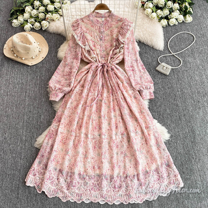 Long sleeve embroidery lace hem ruffle maxi dress