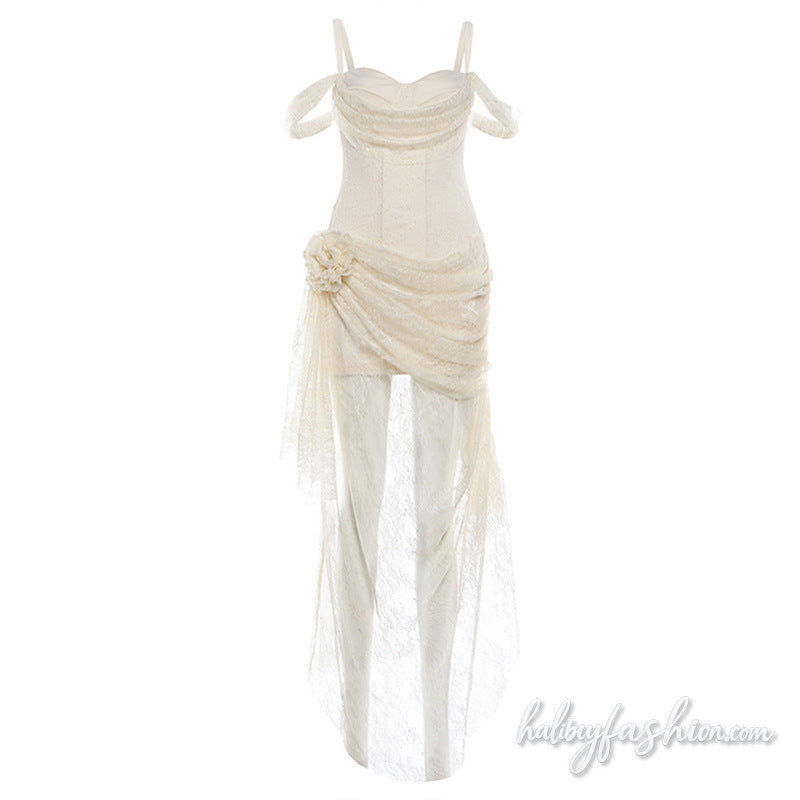 Lace ruched flower applique irregular cami maxi dress