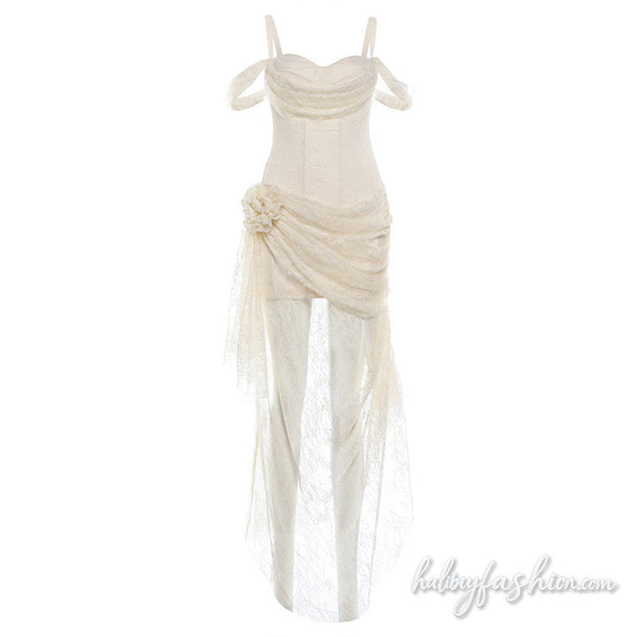 Lace ruched flower applique irregular cami maxi dress