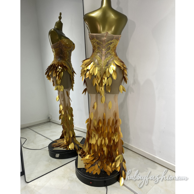 Beaded leaf applique backless tube maxi dress - Halibuy - 4