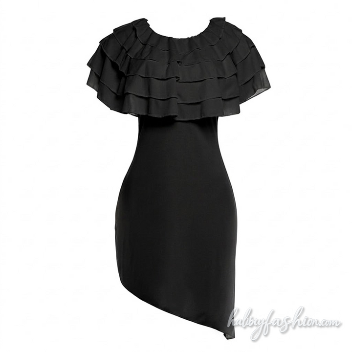 Crewneck ruffle irregular see through mini dress - Halibuy - 2