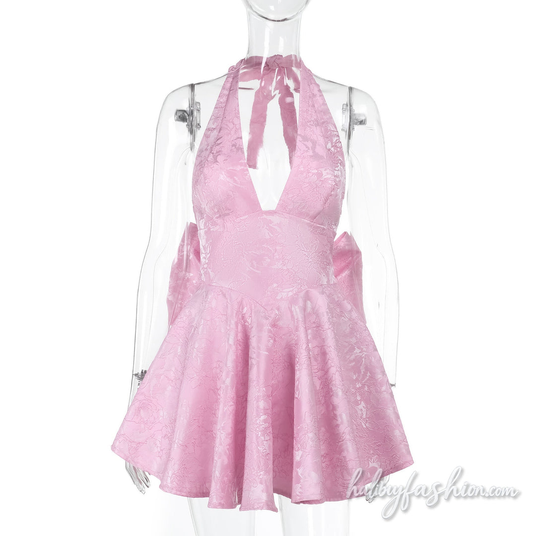 Halter self tie bowknot v neck print mini dress