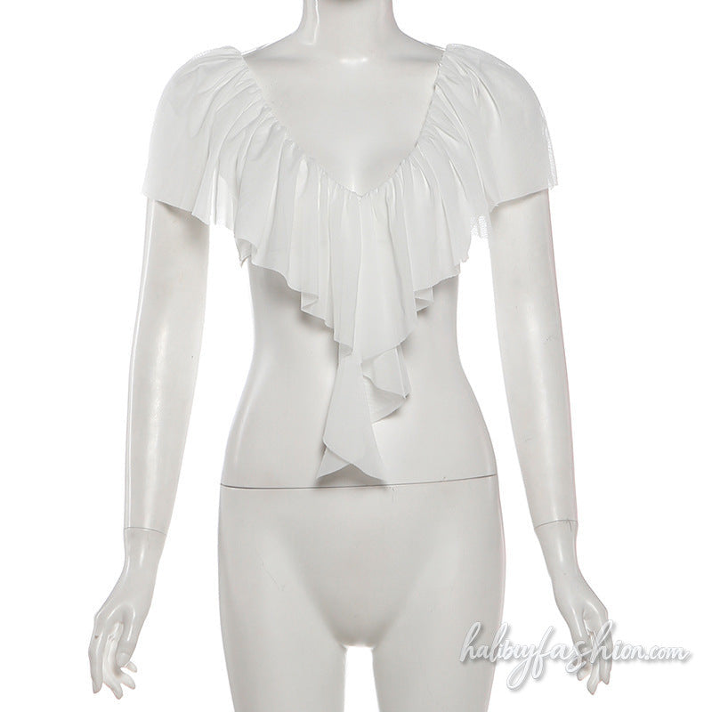 Ruched v neck mesh self tie solid top