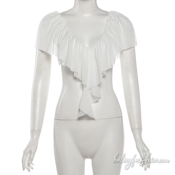 Ruched v neck mesh self tie solid top