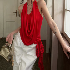 Halter irregular ruched backless solid top  | Festival Outfits Women