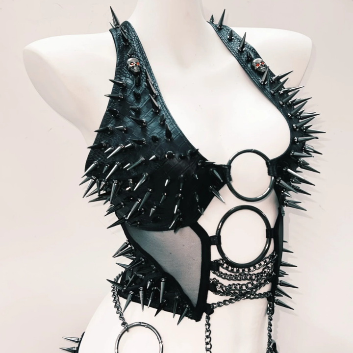 Metal chain o ring rivet applique mini skirt set-final-sale