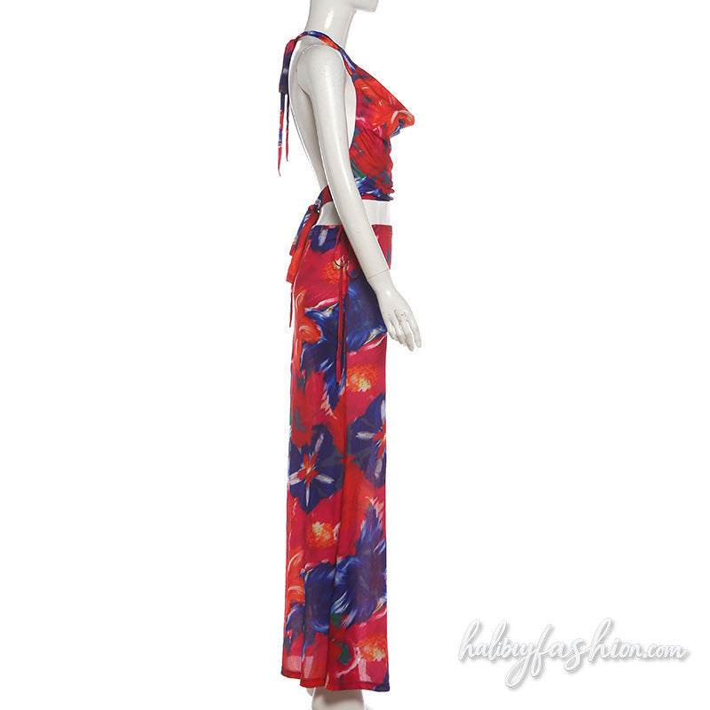 Cowl neck halter self tie print maxi skirt set