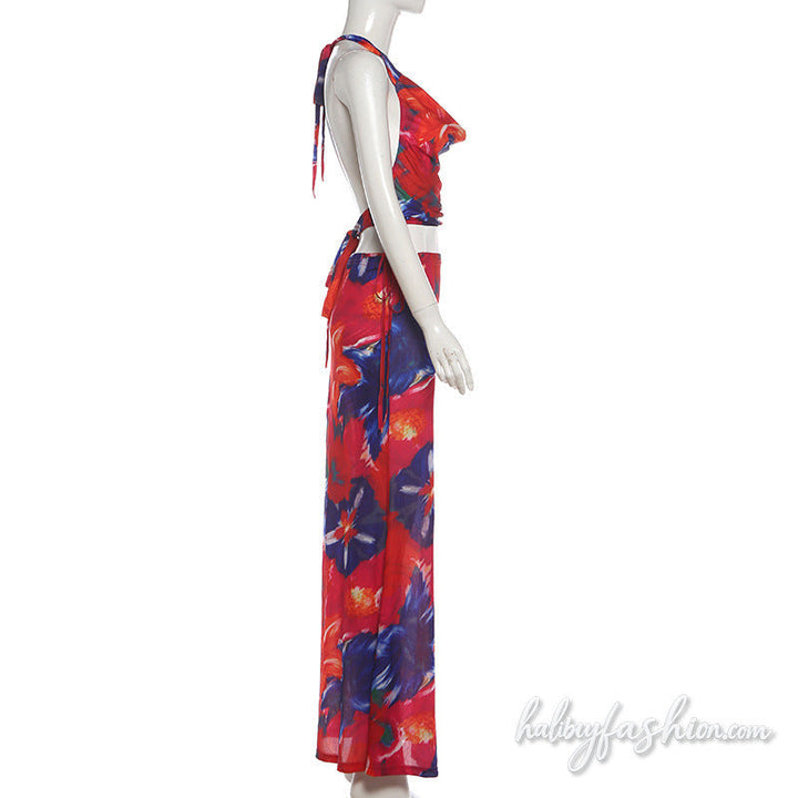 Cowl neck halter self tie print maxi skirt set