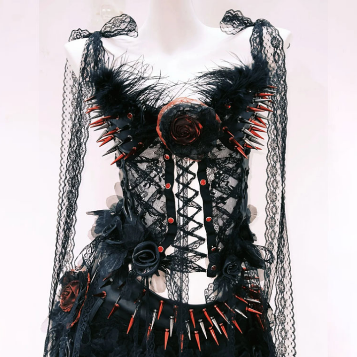 Lace hem self tie flower applique hollow out cut out top  | Festival Outfits Women