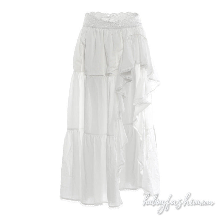 Irregular ruched lace hem slit solid maxi skirt