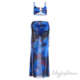 Drawstring ruched flower print cami maxi skirt set