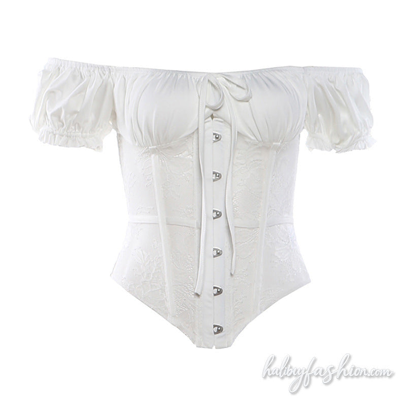 Lace ruched off shoulder self tie solid top