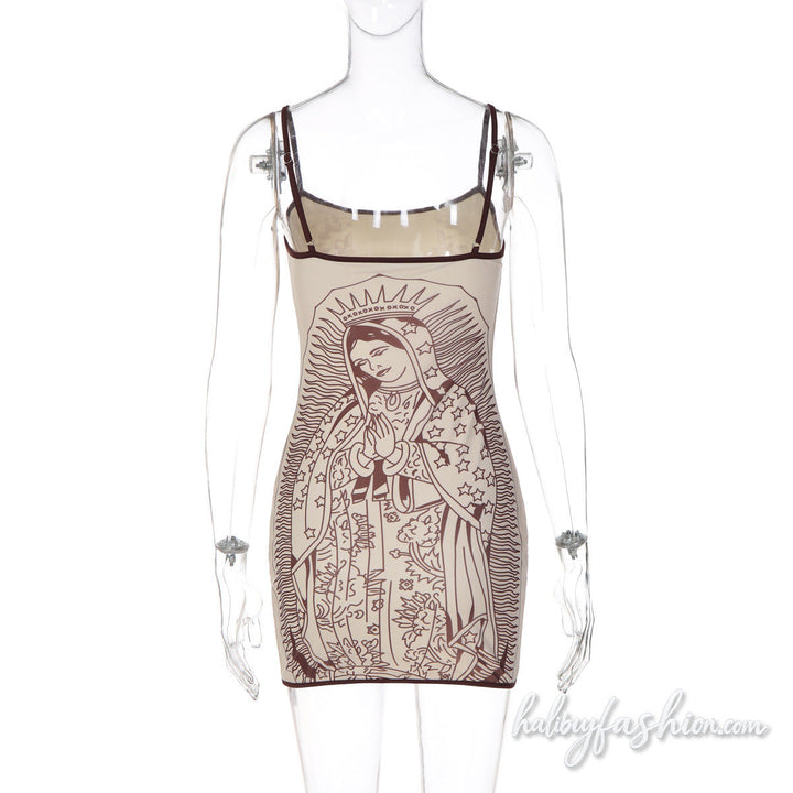 U neck characters print backless cami mini dress