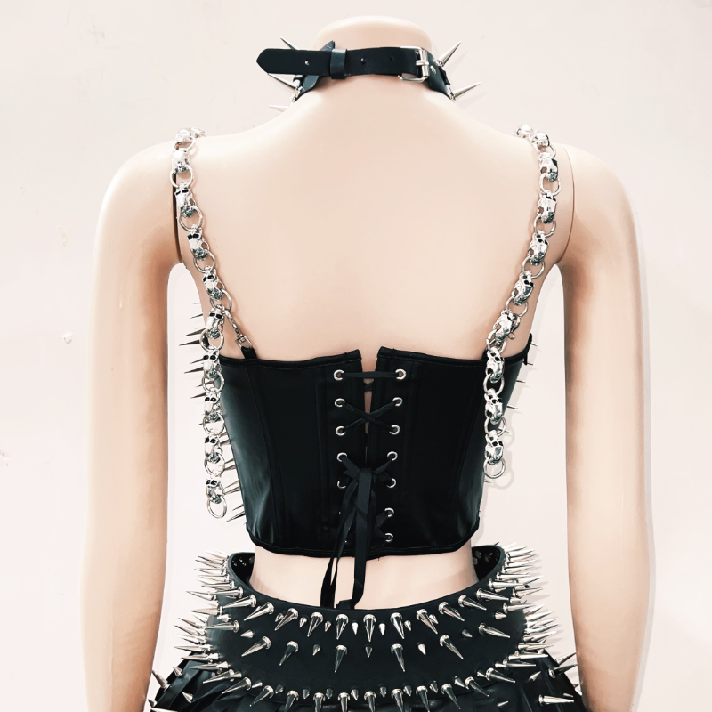 Rivet PU leather skull applique lace up cami top  | Festival Outfits Women
