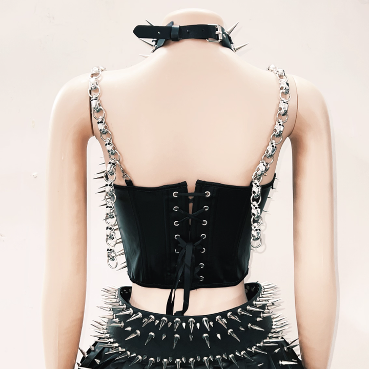 Rivet PU leather skull applique lace up cami top  | Festival Outfits Women