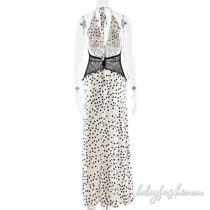 Polka dot halter self tie v neck lace maxi dress