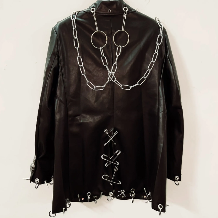 Long sleeve PU leather metal chain skull applique top  | Festival Outfits Women