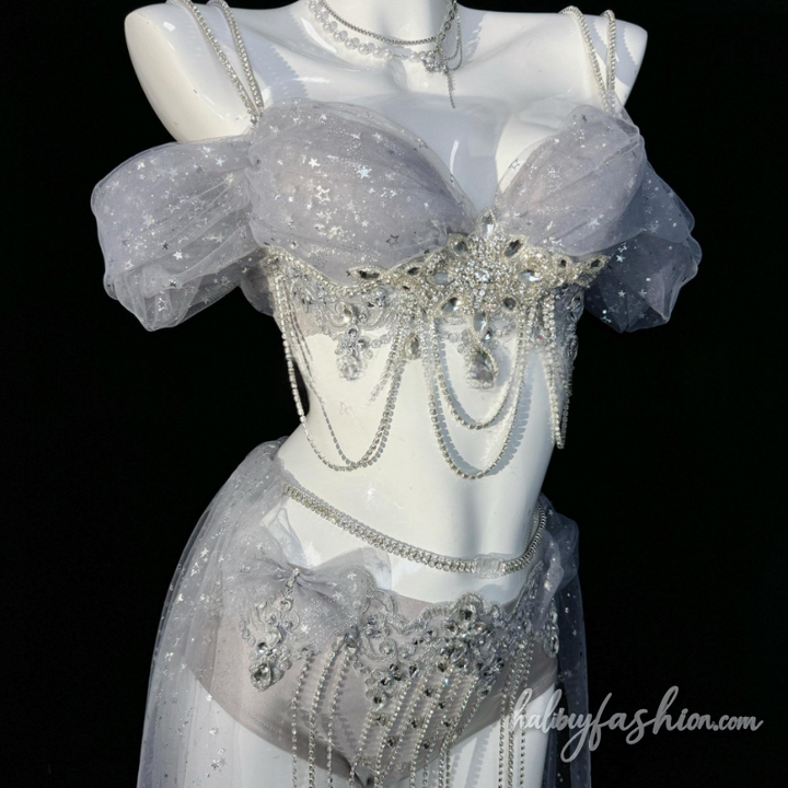 Glitter tassels mesh beaded cami pant set