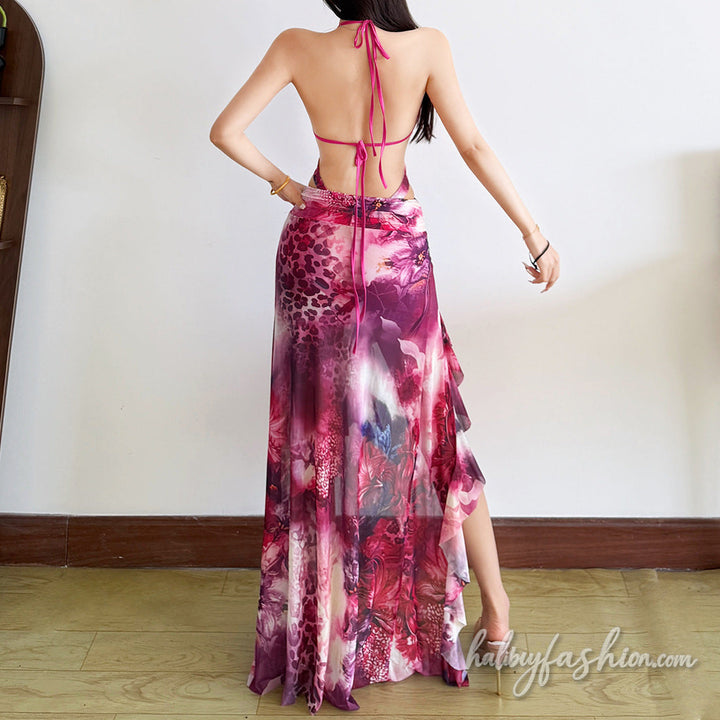 Print halter self tie v neck irregular maxi dress