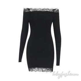 Off shoulder lace hem long sleeve solid mini dress