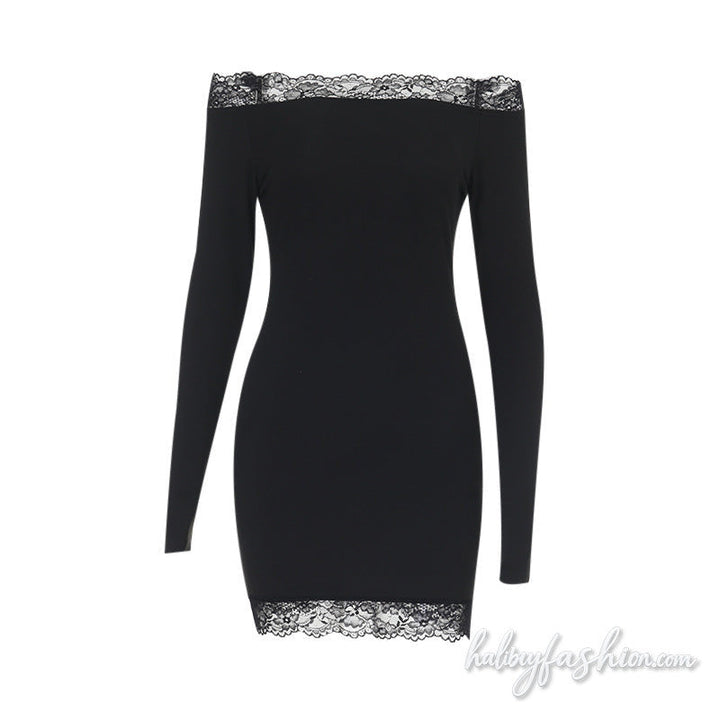 Off shoulder lace hem long sleeve solid mini dress