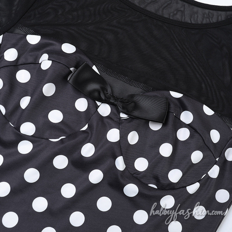 Long sleeve mesh polka dot crewneck ruffle mini dress - Halibuy - 7