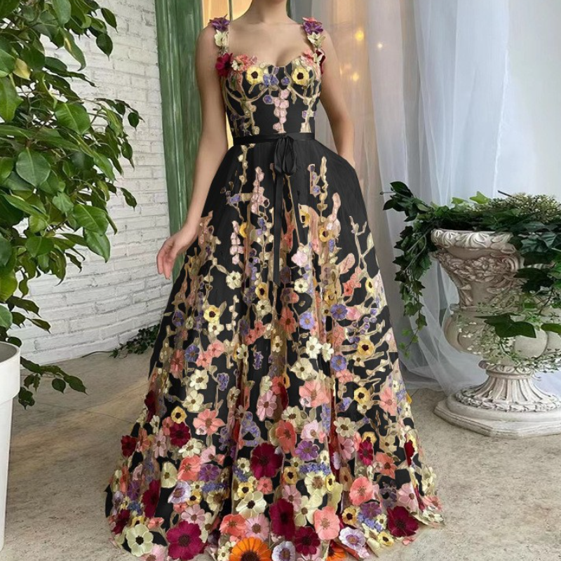 Flower embroidery zip-up self tie cami maxi dress  | Festival Outfits Women