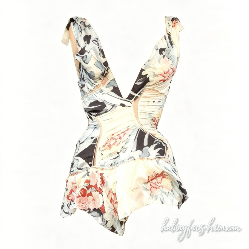 V neck ruched print contrast irregular mini dress