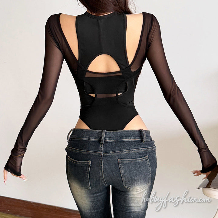 Long sleeve gloves hollow out mesh crewneck bodysuit