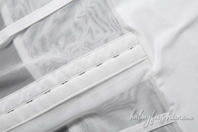 Crewneck hollow out mesh patchwork solid top