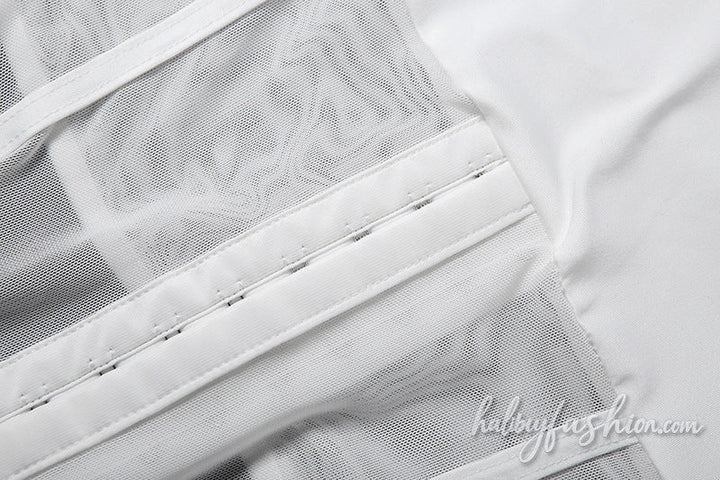 Crewneck hollow out mesh patchwork solid top