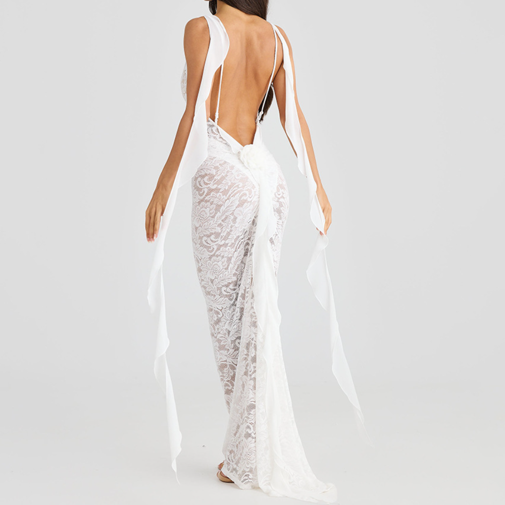 U neck flower applique lace backless cami maxi dress  | Festival Outfits Women