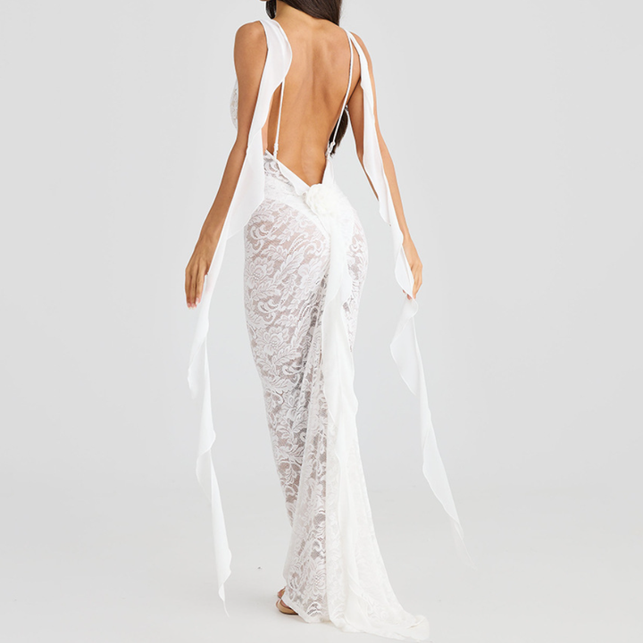 U neck flower applique lace backless cami maxi dress  | Festival Outfits Women