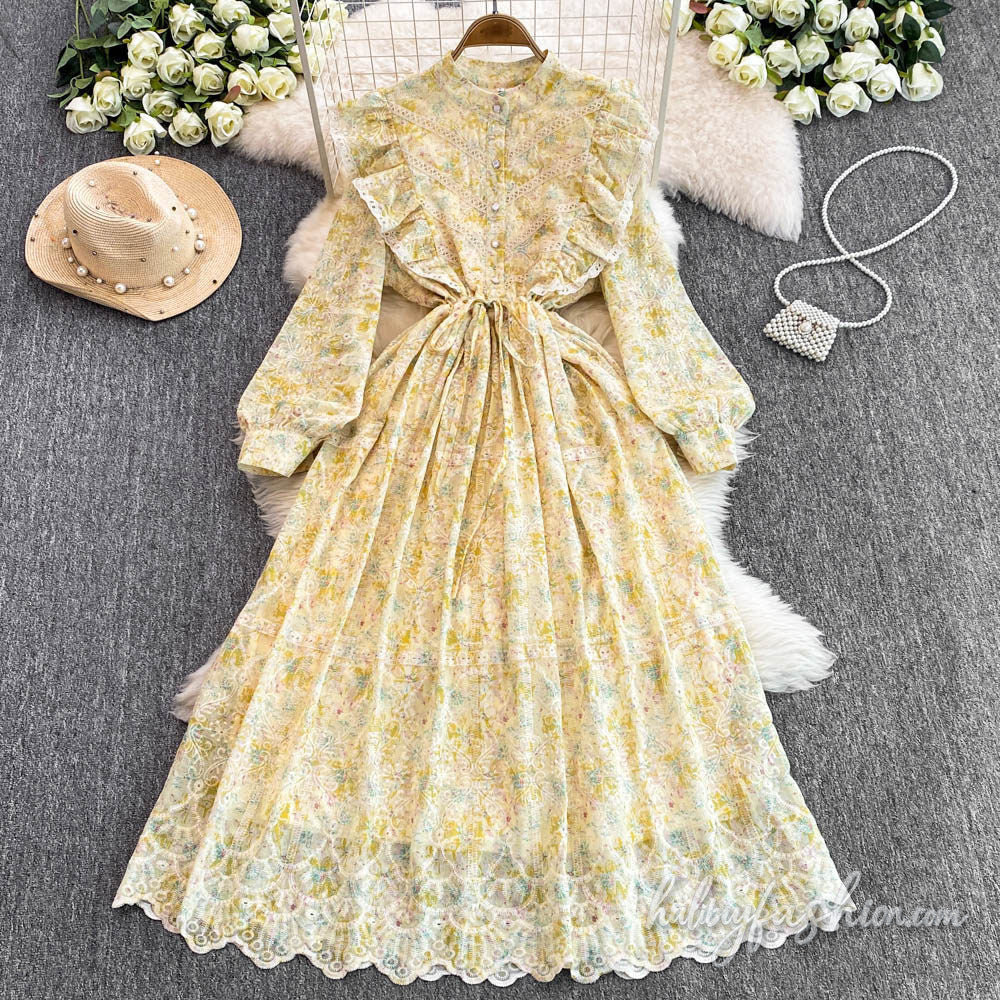 Long sleeve embroidery lace hem ruffle maxi dress