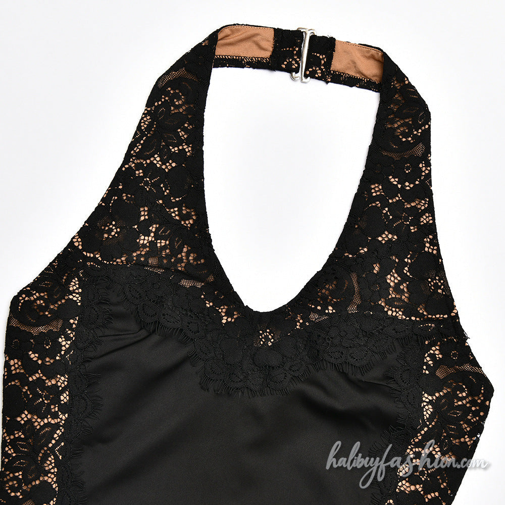 Lace hem halter u neck zip-up backless mini dress - Halibuy - 6