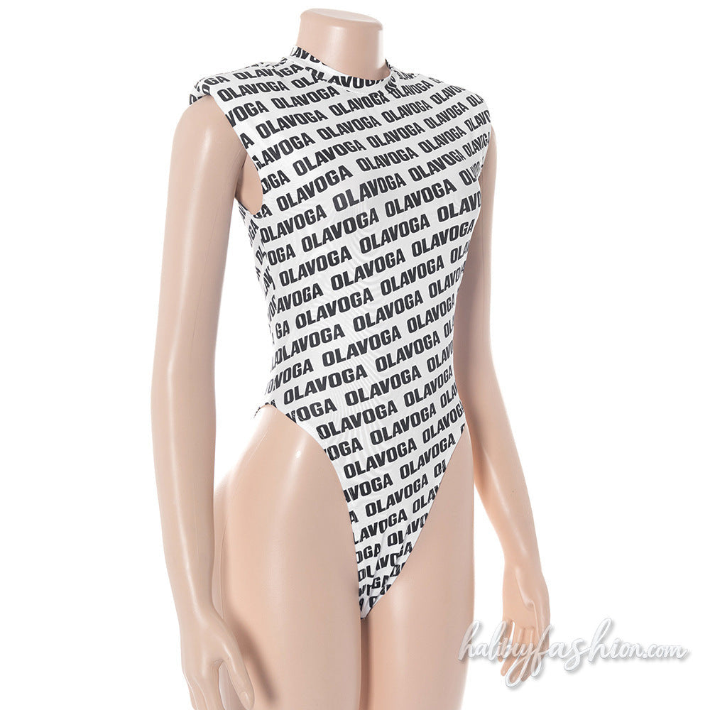 Crewneck letter print button sleeveless bodysuit - Halibuy - 4