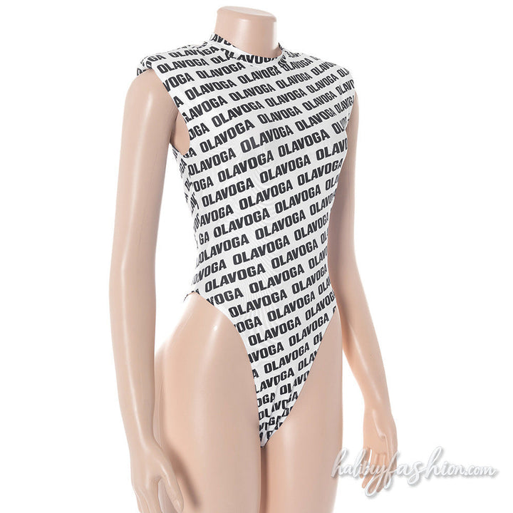 Crewneck letter print button sleeveless bodysuit - Halibuy - 4