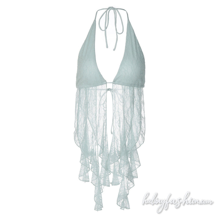 V neck self tie halter lace backless top - Halibuy