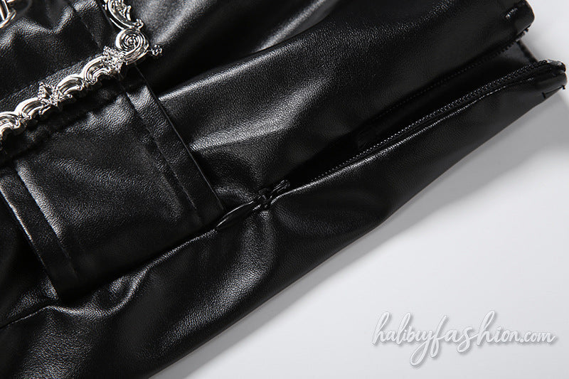 Buckle PU leather zip-up irregular short pant