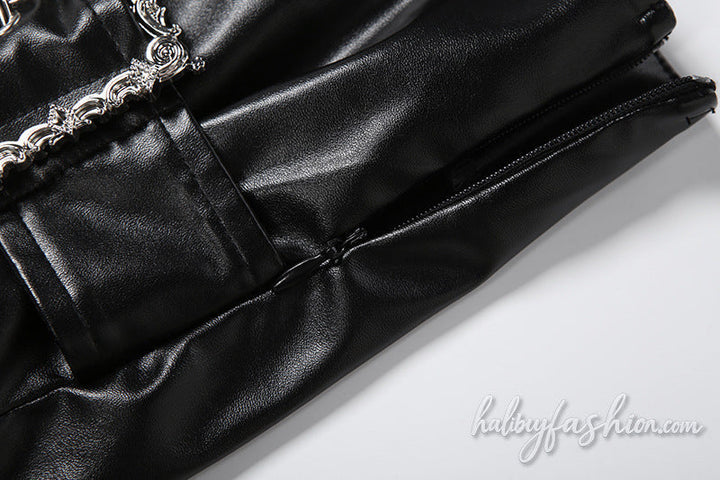Buckle PU leather zip-up irregular short pant