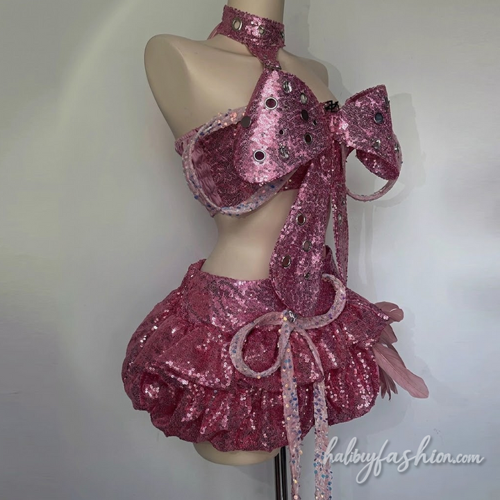 Bowknot glitter hollow out feather mini skirt set - Halibuy - 3