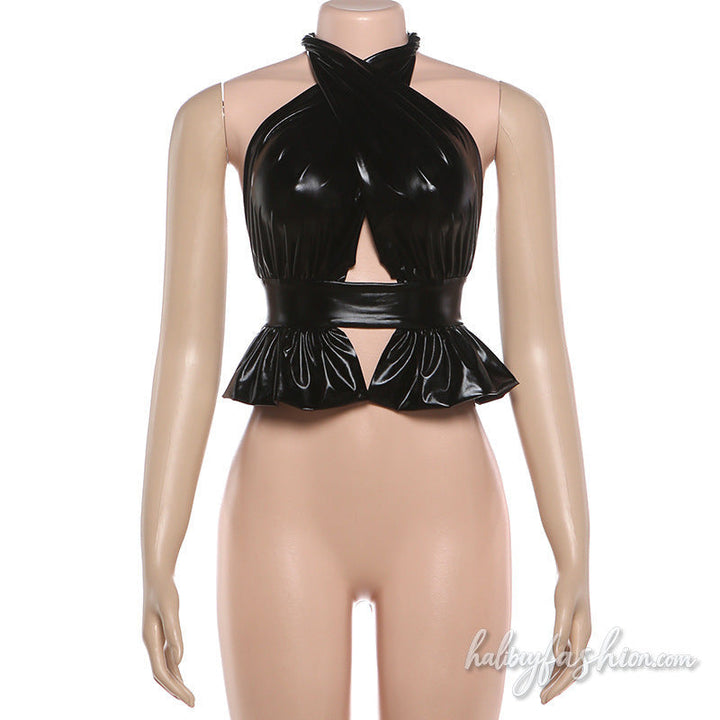 Halter hollow out self tie ruched backless top