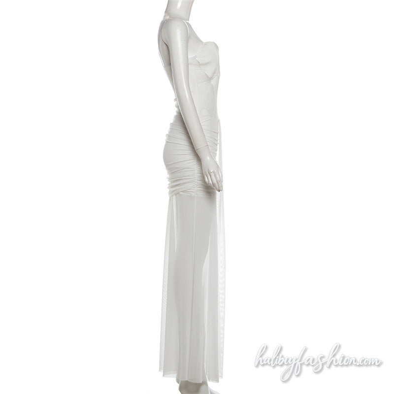 Hollow out ruched mesh solid backless maxi dress