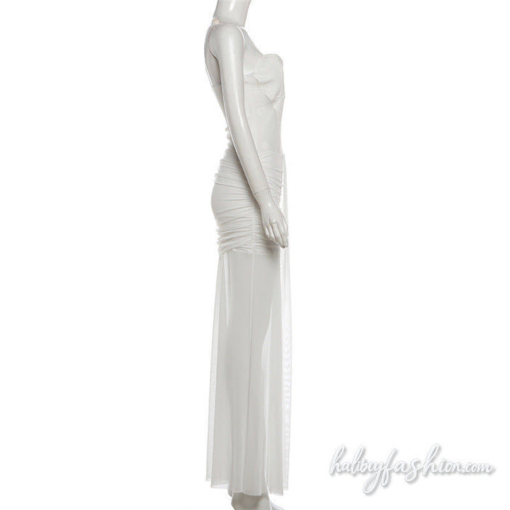 Hollow out ruched mesh solid backless maxi dress
