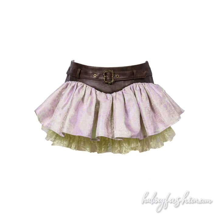Lace ruched PU leather A line mini skirt